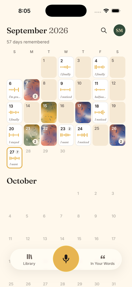 Sunflower calendar home with photo and memory tiles for each recorded day
